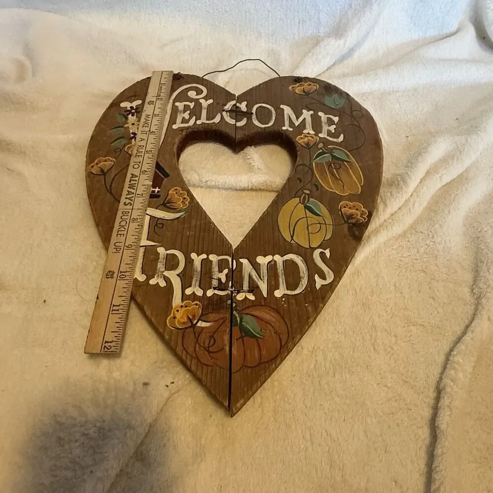 Primitive Wood Welcome Friends Fall Hanging Heart Sign Floral Pumpkin Cottagecor